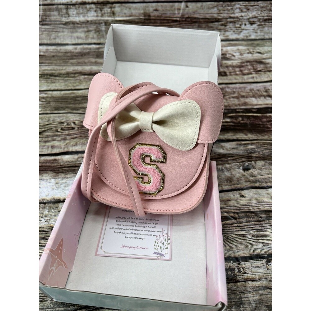 Little Girl's Princess Leather Purse Bag With Mouse Ears, A Bow, Letter S